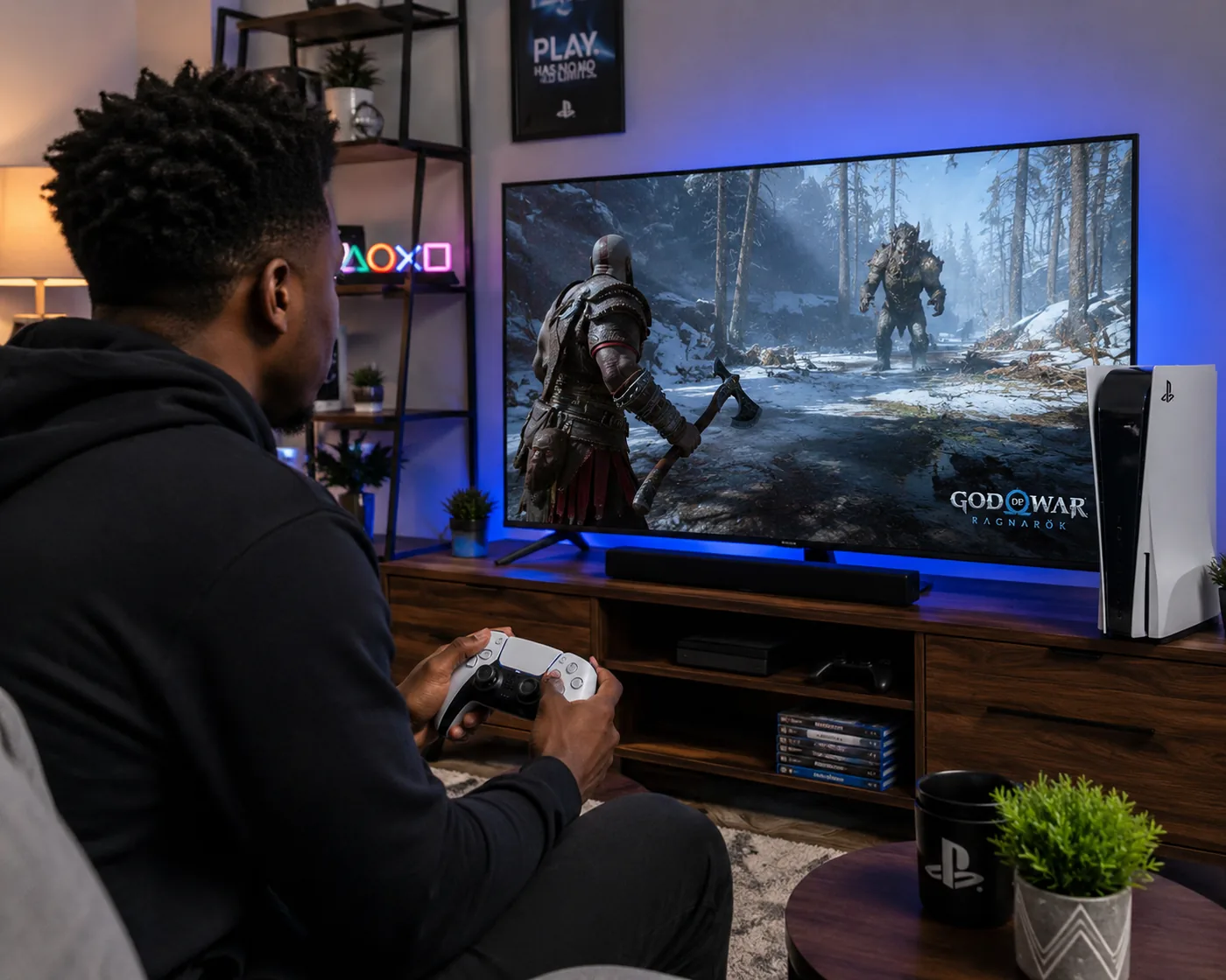 Player using a PlayStation 5 controller in front of a large screen