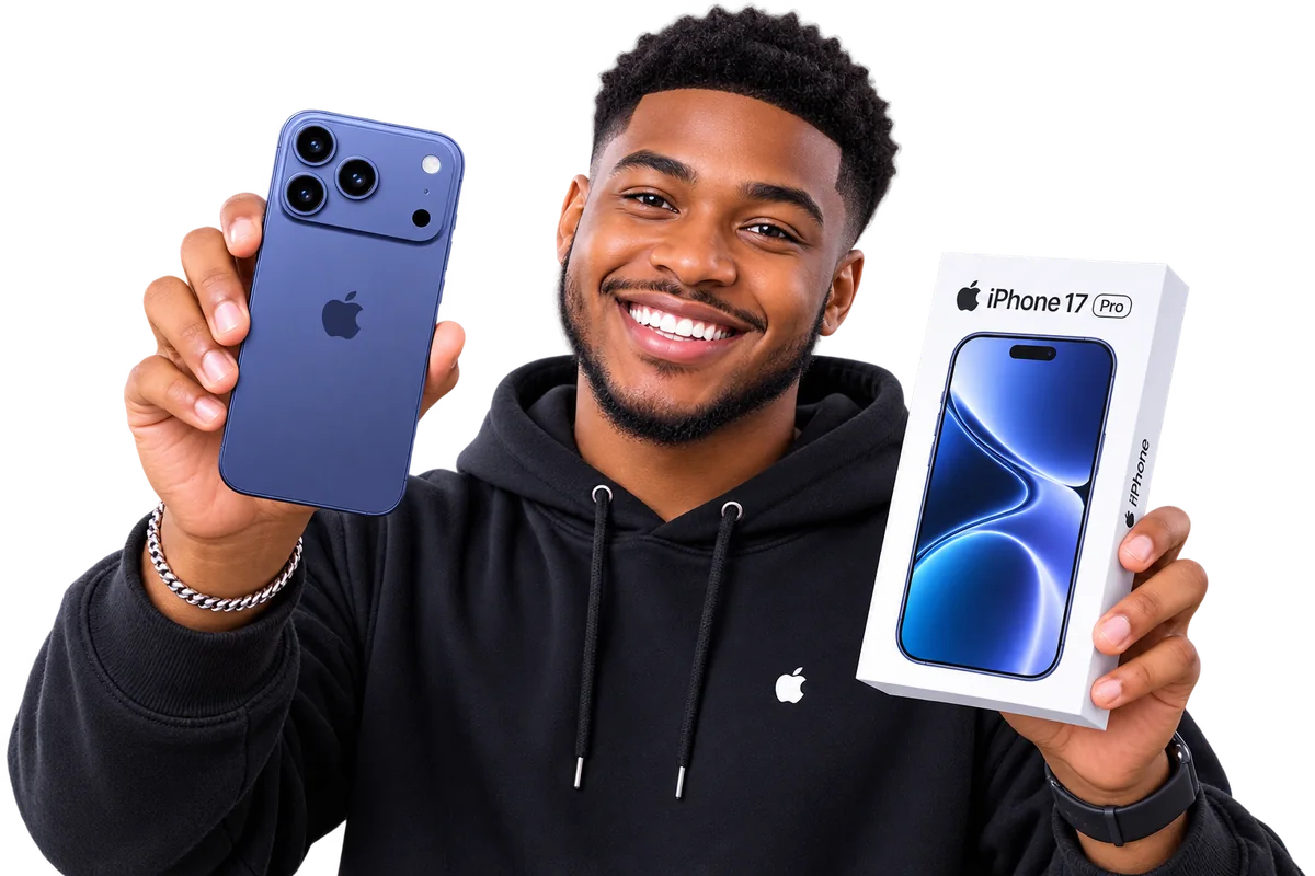 Man holding an iPhone 17 Pro and its box